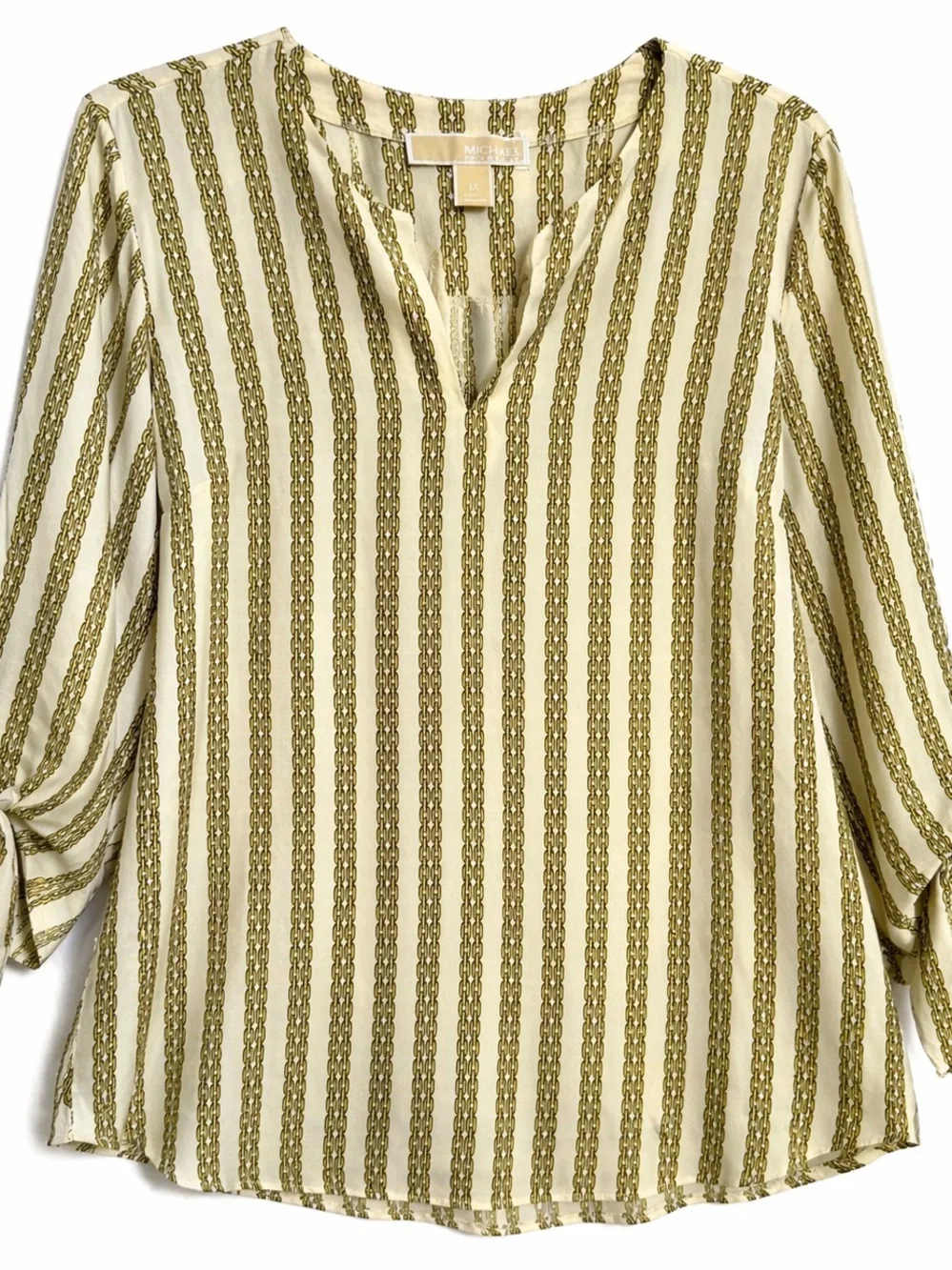 Michael Kors Chain Print Blouse 1X Gold Cream Tie Sleeve V Neck Top - Picture 2 of 9